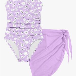 Kids Lavender Floral One-Piece Swimsuit with Side Tie Skirt